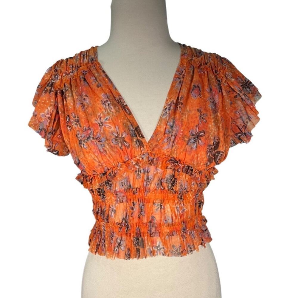 Free People Ruched Floral Mesh Crop Top XS Orange Boho Cottagecore Puff Sleeve